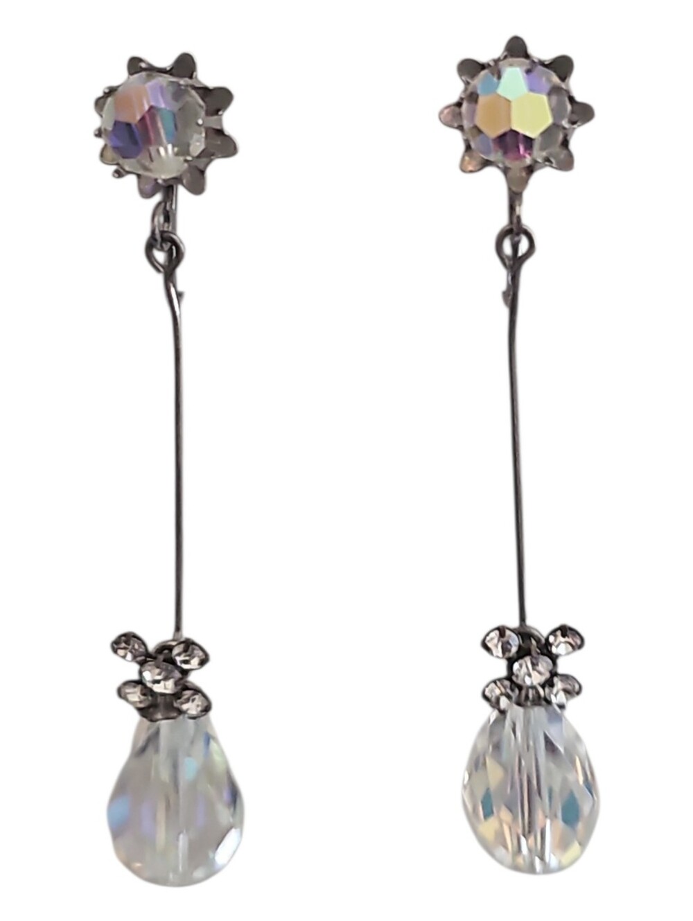 Vintage Clip On Crystal Drop Dangle Earrings - Aurora Clear